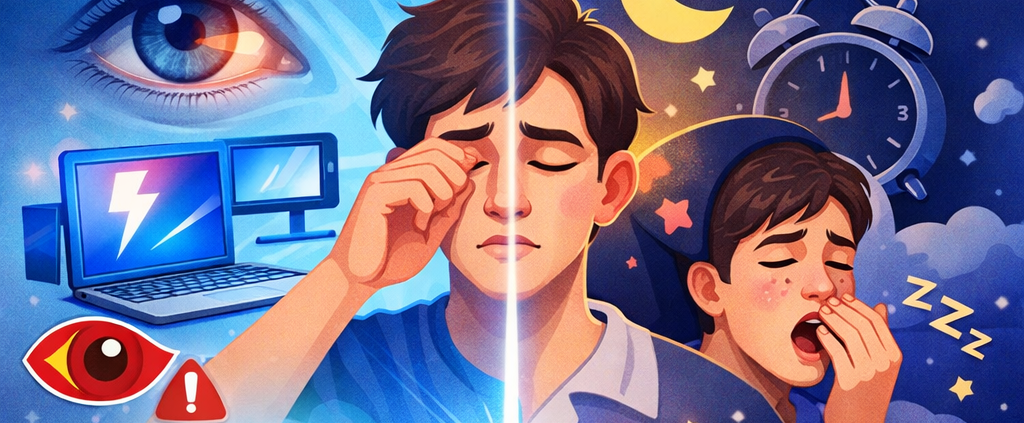 A digital illustration depicting the impact of blue light on eyes and sleep patterns.