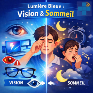 A digital illustration depicting the impact of blue light on eyes and sleep patterns.